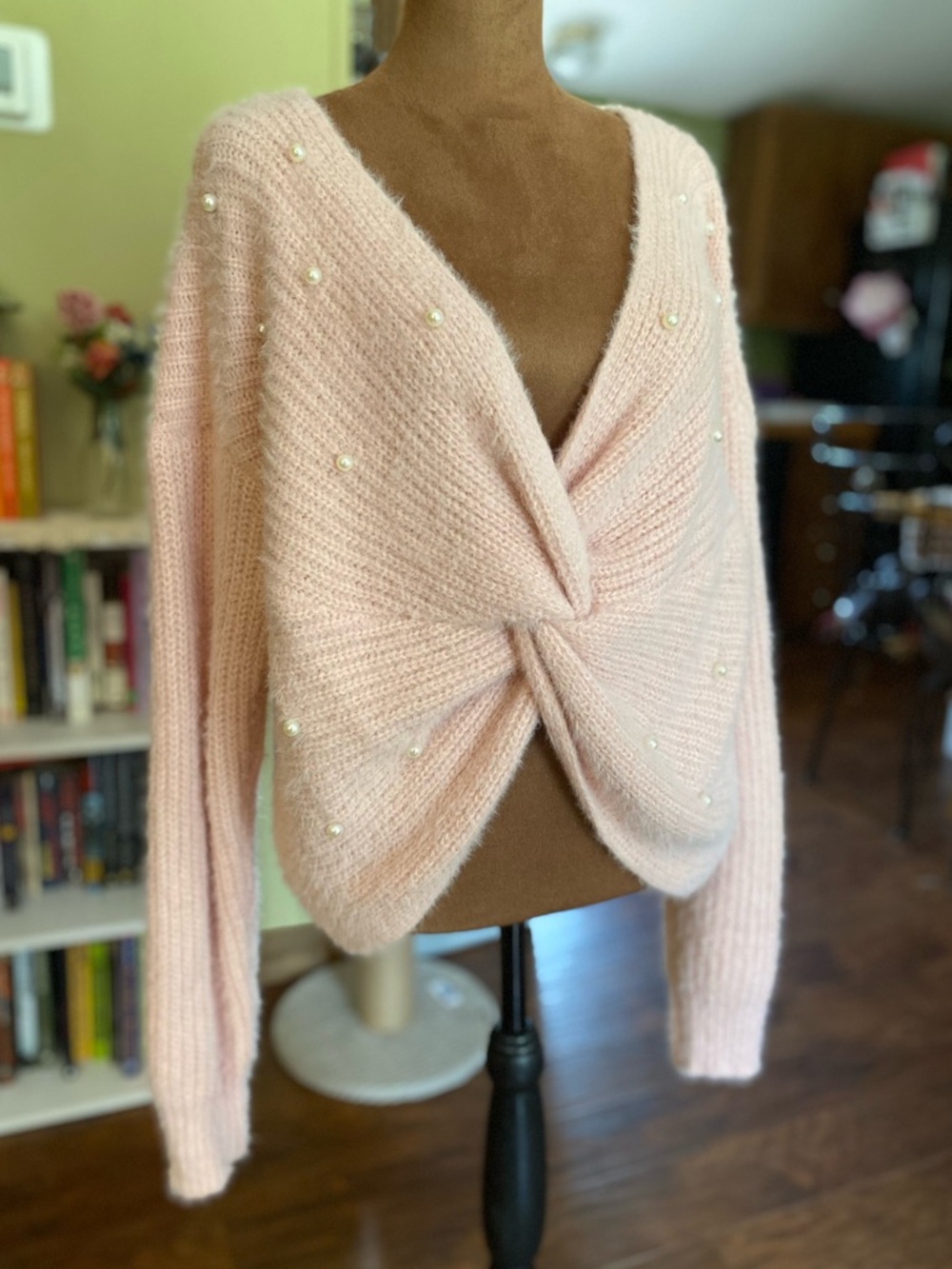 Almost famous baby blush pink sweater with pearls